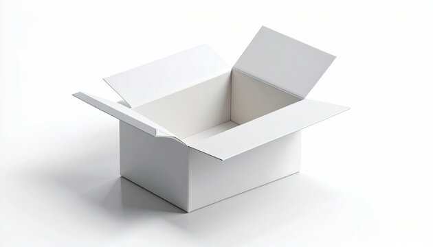 Empty white cardboard box with open flaps, isolated on a white background