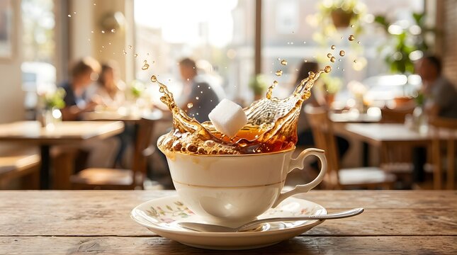Sugar cube falling into a cup of coffee with splash in a cafe interior