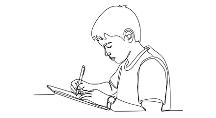Boy drawing on tablet, one line art