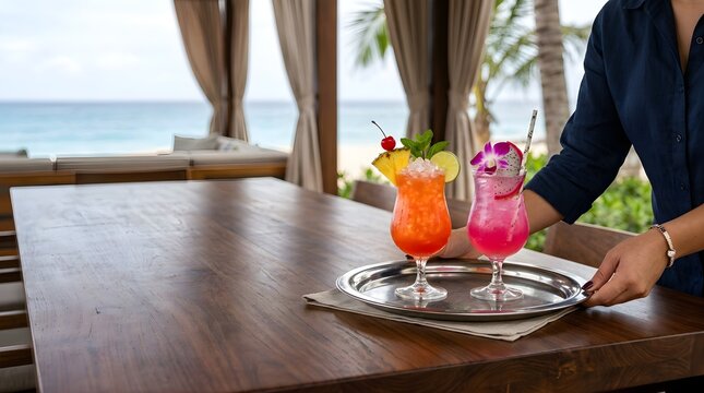 Waitress serving two colorful tropical cocktails on a tray at a beach bar