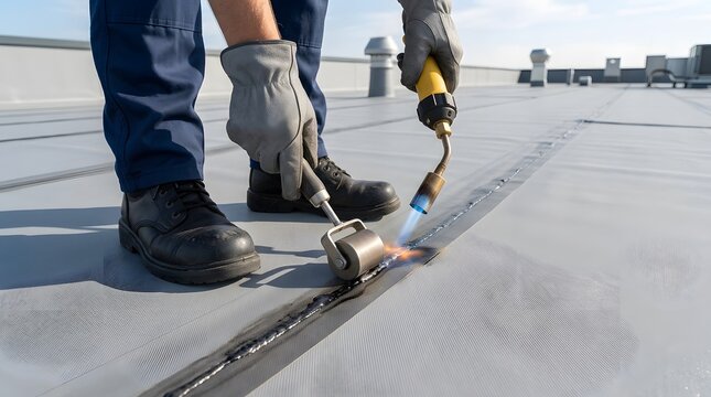 Worker with blowtorch melting new bituminous waterproofing membrane onto a flat roof surface while pressing it with roller tool for strong seal.