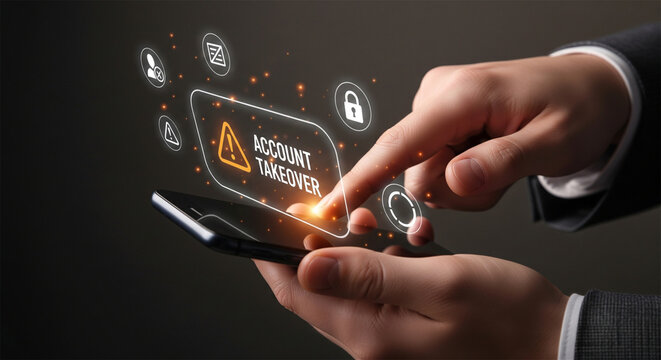 Account takeover alert on smartphone, cyber security breach concept, mobile fraud warning