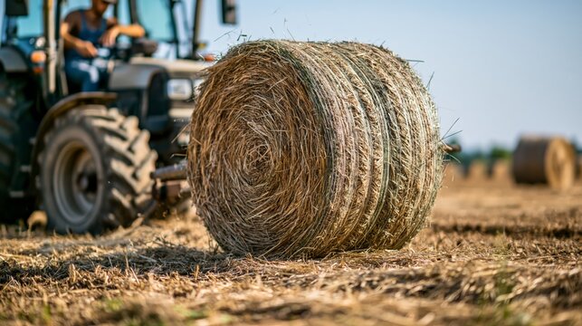 Farmer monitoring a round hay bale being ejected from a baler. Concept of hay baling.