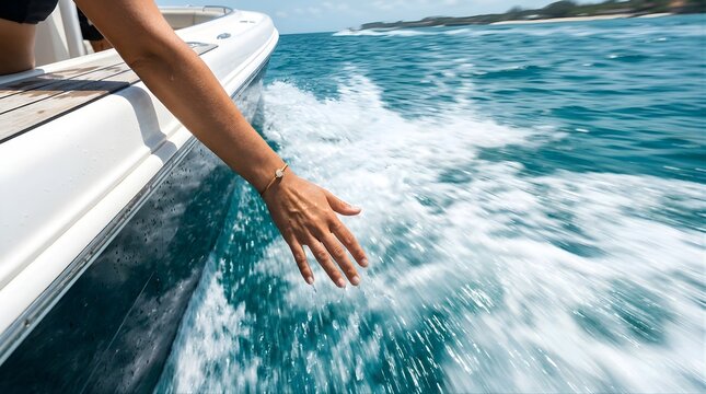 Woman touching ocean water from a moving boat during a summer vacation