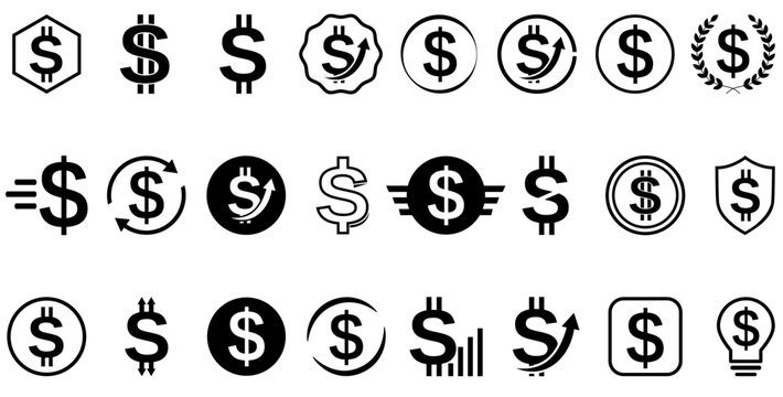 Money Icons Collection Set, Dollar Symbol Vector Pack, Currency Icons, Finance, Banking, Cash Payment, Business, Investment, Savings, Black and White