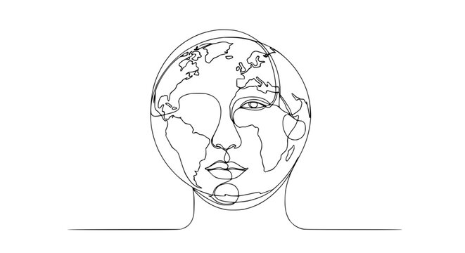 Abstract human face merged with planet earth, continuous line art, global connection concept