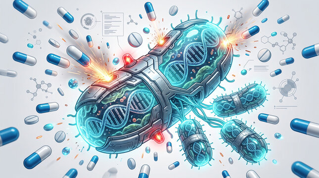 Conceptual illustration of antibiotic-resistant bacteria surviving repeated antibiotic exposure through protective biological adaptations, symbolizing antimicrobial resistance