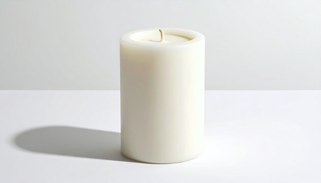 A tall, cylindrical, off-white candle casts a soft shadow on a white surface