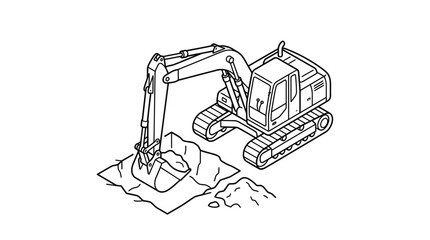 Naklejka premium Isometric line art of an excavator digging a hole in the ground