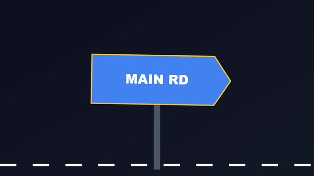 Main rd road sign animation: directional street signage concept for navigation and travel 4k
