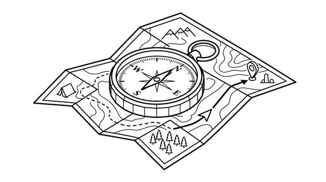 Isometric line art of a compass on a folded travel map