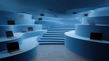 Fototapeta premium Modern tiered amphitheater with laptops abstract blue interior copy space