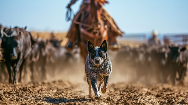 Farmer on horseback directing a dog herding cattle toward a gate. Concept of cattle herding.
