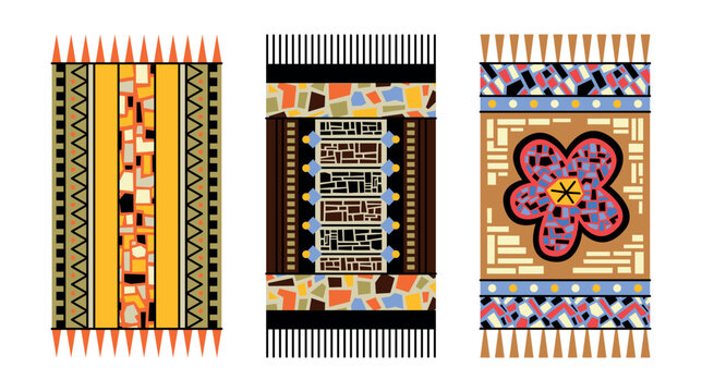 Colorful vector set of designs of carpets, towels and bedspreads with textures, patterns with geometric motifs. Fragments of frescoes and mosaics with the effect of broken glass, terrazzo and marble. 