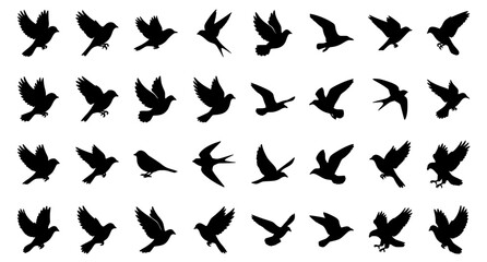 Fototapeta premium Flying Bird Black Silhouette Vector Set with Diverse Wildlife Shapes on White Background