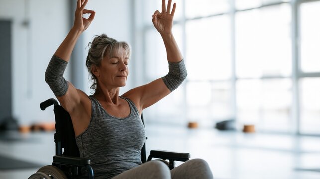 Person in a wheelchair doing a seated yoga arm raise pose. Concept of adaptive wheelchair yoga.