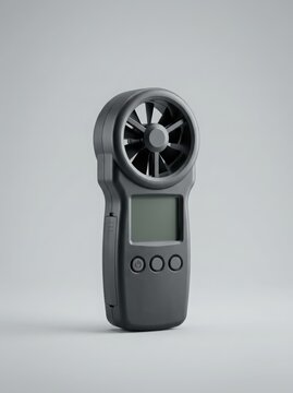 Compact digital airflow anemometer isolated on a premium studio background representing HVAC inspection, engineering measurement, ventilation testing, industrial maintenance and energy efficiency