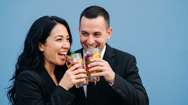 Happy couple in black suits toasting with fresh fruit drinks