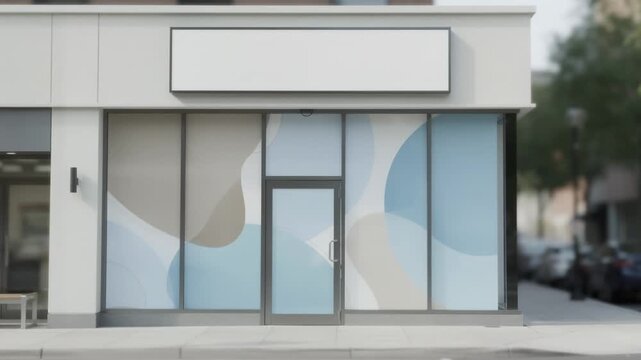 Medium shot of a standalone insurance agency building exterior featuring prominent window graphics and signage with outoffocus trees and cars on the street.