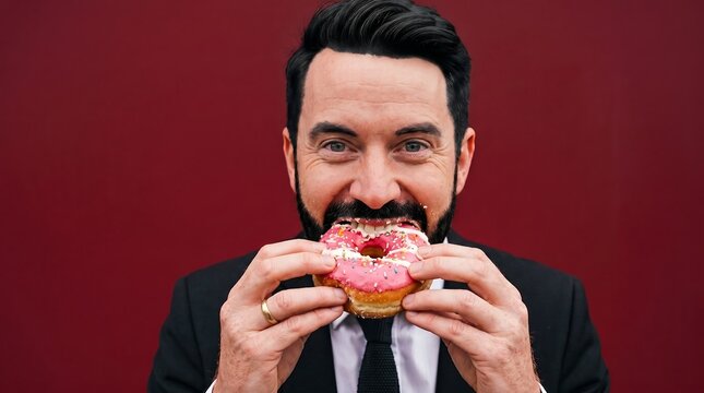 Smiling businessman biting a pink glazed donut on a red background