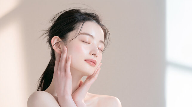 透明感とツヤのある美しい白い肌の女性。 美容、スキンケア、素材