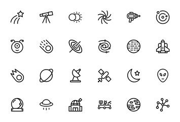Space icon pack. Minimal vector icon set. Featuring shooting star, telescope, eclipse, nebula, solar system, alien, comet, black hole, galaxy, spaceship, meteor, planet, Jupiter and more. © wang