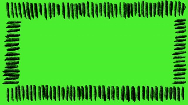 Horizontal frame hand drawn in black color and animated loop stop motion against green screen background. Borders of rectangle in grunge style. 4K Video