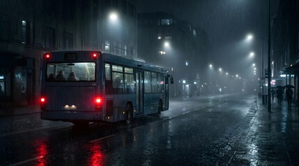 Fototapeta premium Public bus driving on a dark rainy city street at night with lights