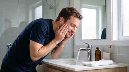 Obraz premium Man washing face with water in modern bathroom sink with clean towel and toothbrush nearby