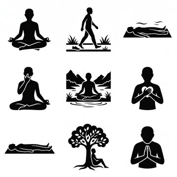 Set of meditation and yoga icons black silhouette vector symbols for wellness apps and spiritual concepts isolated on white