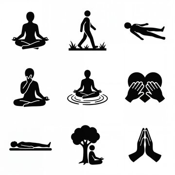 Diverse set of black silhouette icons illustrating mindfulness meditation and relaxation practices perfect for wellness apps spiritual content and mental