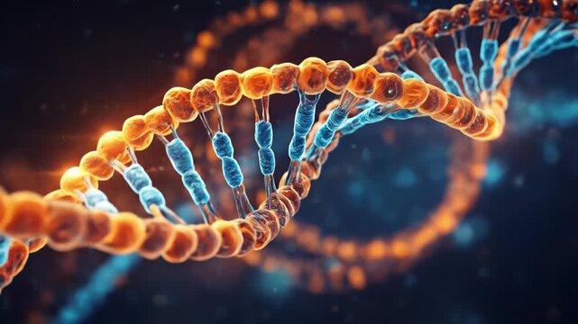 Vibrant glowing DNA strand helix structure with blue and orange light on a dark background