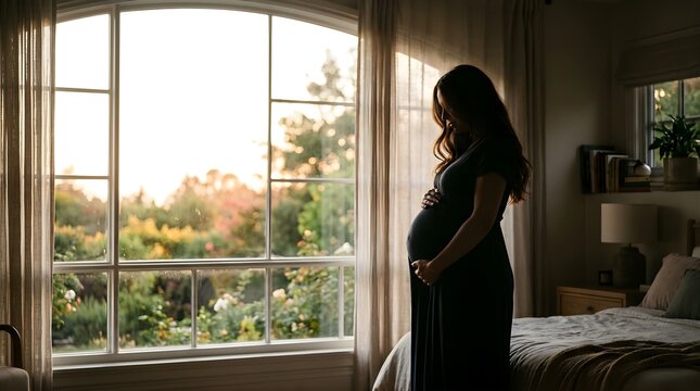 Silhouette of pregnant woman standing by a bright window at home