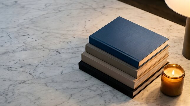 Stack of books with a burning candle on a marble table at night