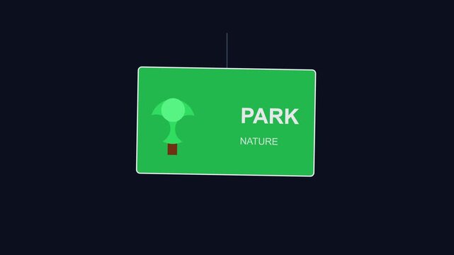 Park nature sign animation: minimalist green forest directional for travel and environmental concepts 4k