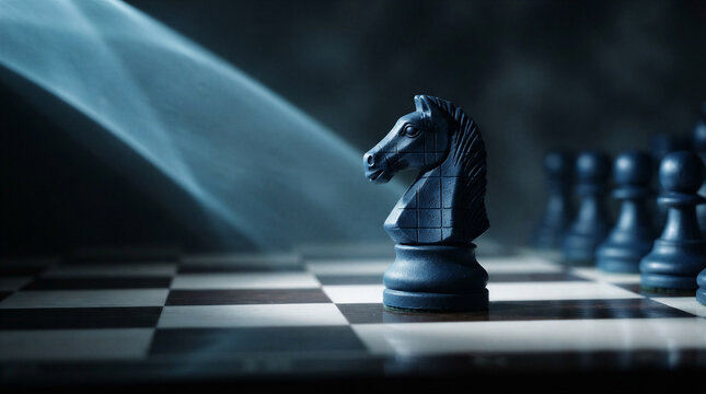 A single black chess knight piece standing on a chessboard with dramatic lighting and smoke, symbolizing strategy, leadership, and competition