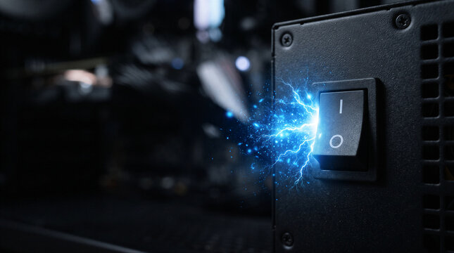 Closeup of a computer power supply unit switch with a glowing electric spark effect, representing power activation and energy flow