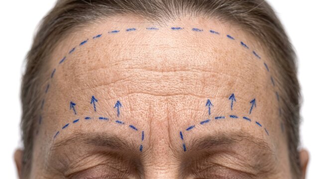 Woman Forehead with Plastic Surgery Markings and Arrow Lines for Facelift