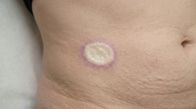 Close Up of Morphea Plaque on Human Skin, Localized Scleroderma Dermatology Concept