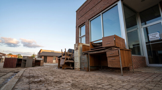 Discarded office furniture piled outside a brick building with a closed for repairs sign on the glass door in a quiet town