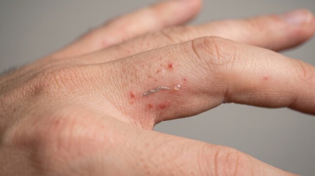 Parasitic Worm Under Skin of Human Hand, Cutaneous Larva Migrans Macro Shot