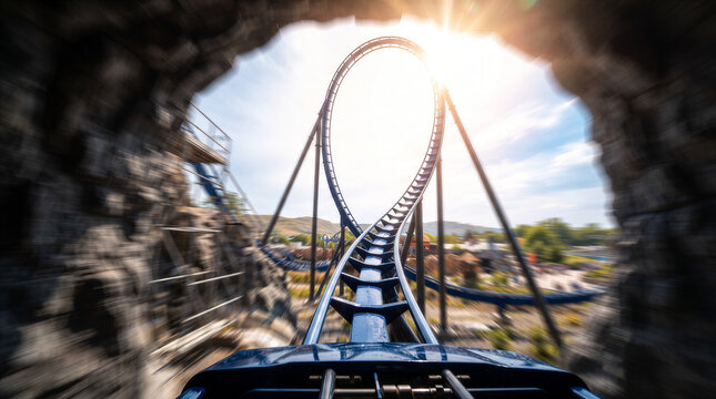 Firstperson view of a roller coaster ride exiting a dark tunnel towards a large vertical loop under a bright sunny sky at a theme park