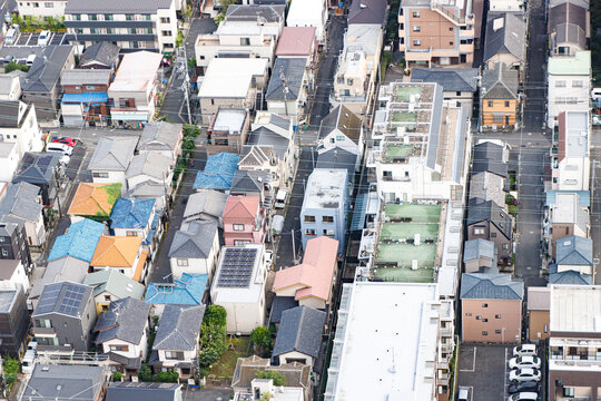 Dense Aerial View of Residential Neighborhood with Houses and Streets, Tokyo, Japan