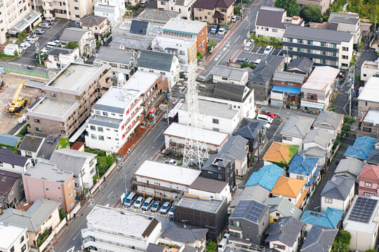 Dense Aerial View of Residential Neighborhood with Houses and Streets, Tokyo, Japan