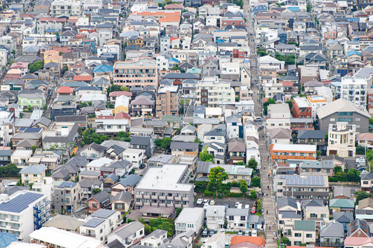 Dense Aerial View of Residential Neighborhood with Houses and Streets, Tokyo, Japan