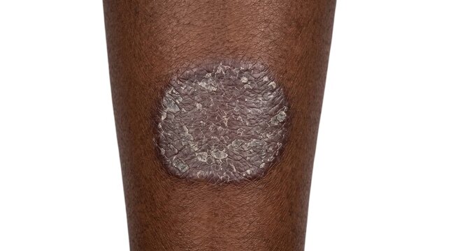 Close Up of Circular Psoriasis Plaque on Dark Skin Arm