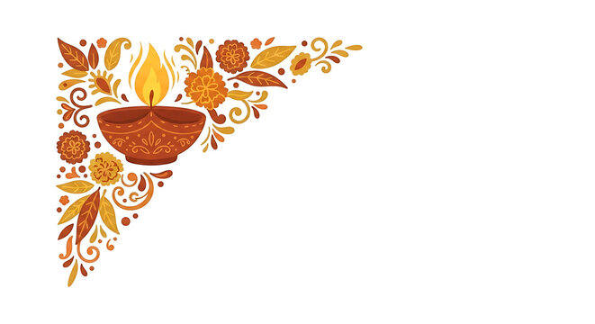 Diwali corner decoration element with a traditional clay oil lamp, bright saffron flame and marigold flowers in terracotta and gold tones, vector illustration isolated on white