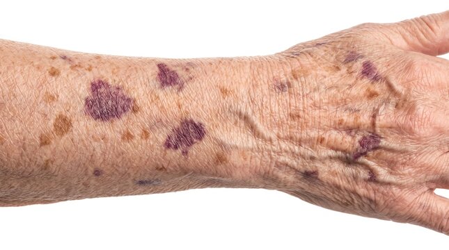 Senile Purpura Purple Bruises and Solar Lentigines on Aging Forearm Skin