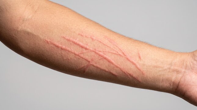 Dermatographism Raised Red Scratch Marks and Urticaria Wheals on Male Forearm