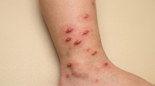 Chickenpox Vesicles and Red Blisters Rash on Human Ankle Close Up